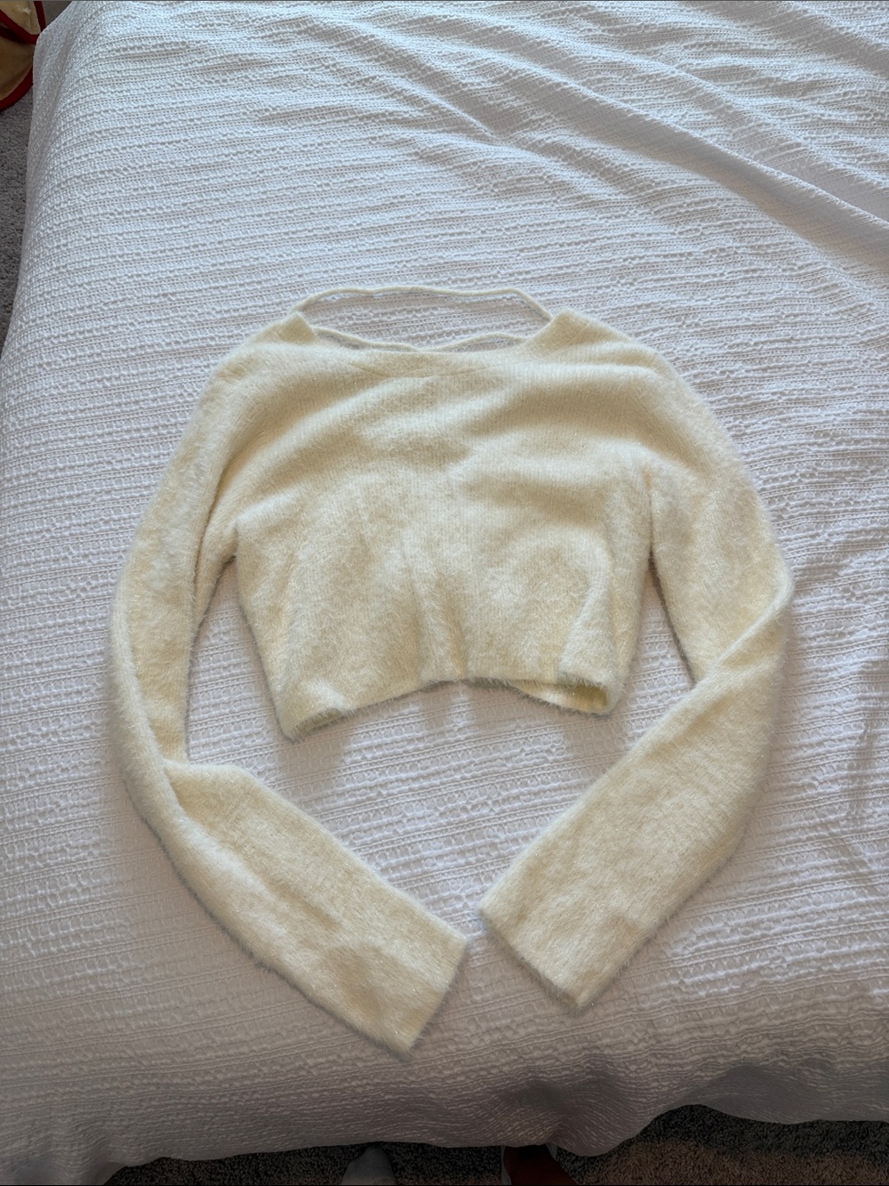 Altar'd State Cream Fuzzy Cropped Crewneck Sweater